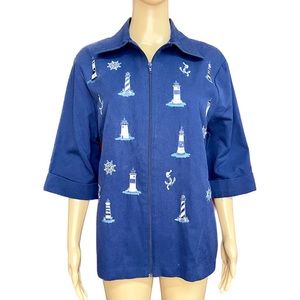 Bon Worth Embroidered Nautical Lighthouse Shirt Jacket Size Medium Petite